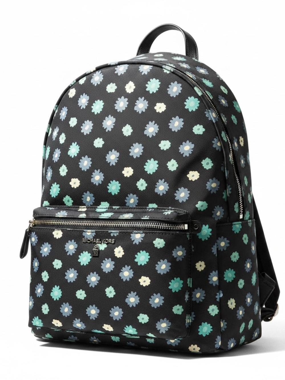 Michael Kors Kelsey Black Backpack with Mint Green and Light Blue Daisy Print